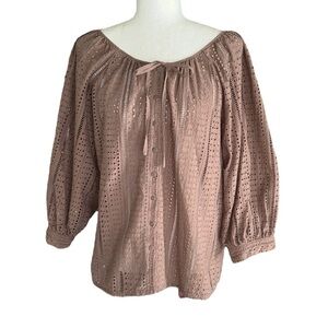 JOIE Mocha Brown Eyelet Crochet Tie Neck 3/4 Puff Sleeve Top - M